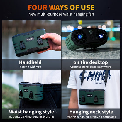 Wearable Waist Fan with 20000mAh Battery, Dual Vents, 10 Settings, Display and Two Color Options