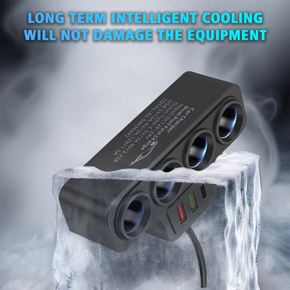 Car Power Splitter with Four 12V Sockets, USB-C, Dual USB-A and 72cm Cord for 12V/24V Vehicles
