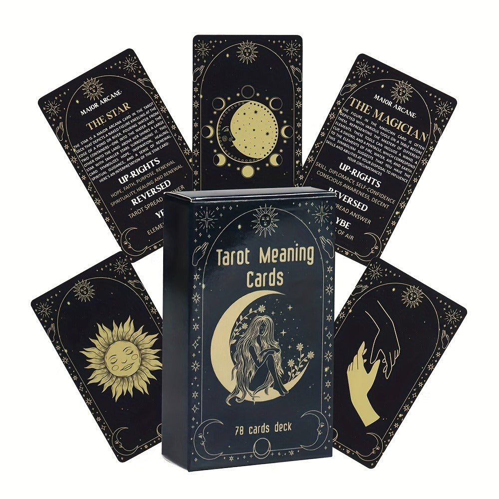 Tarot Meaning Cards Reference Deck with 78 Illustrated Cards, Printed English Text and Compact Black Box