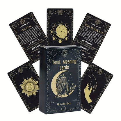 Tarot Meaning Cards Reference Deck with 78 Illustrated Cards, Printed English Text and Compact Black Box