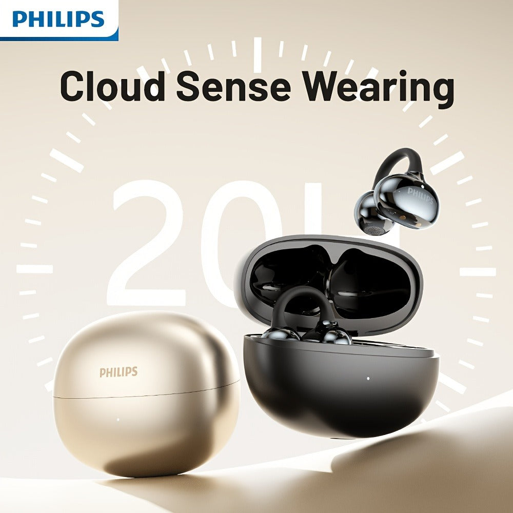 Philips TWS Ear Clip Sport Headset Hi-Fi Bass Stereo HD Calls Earhook Wireless Bluetooth for Music Gaming Business iOS Android Gift for Couples Valentine Black Gold