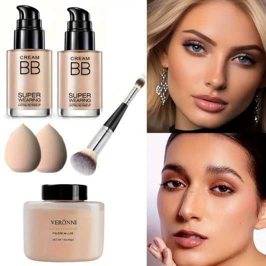 BB Cream Setting Powder Set 2 Pcs with Tools Moisturizing Concealer Oil Free Matte Long Lasting Face Makeup for Women Light Natural Skin Tone Birthday Holiday Gift