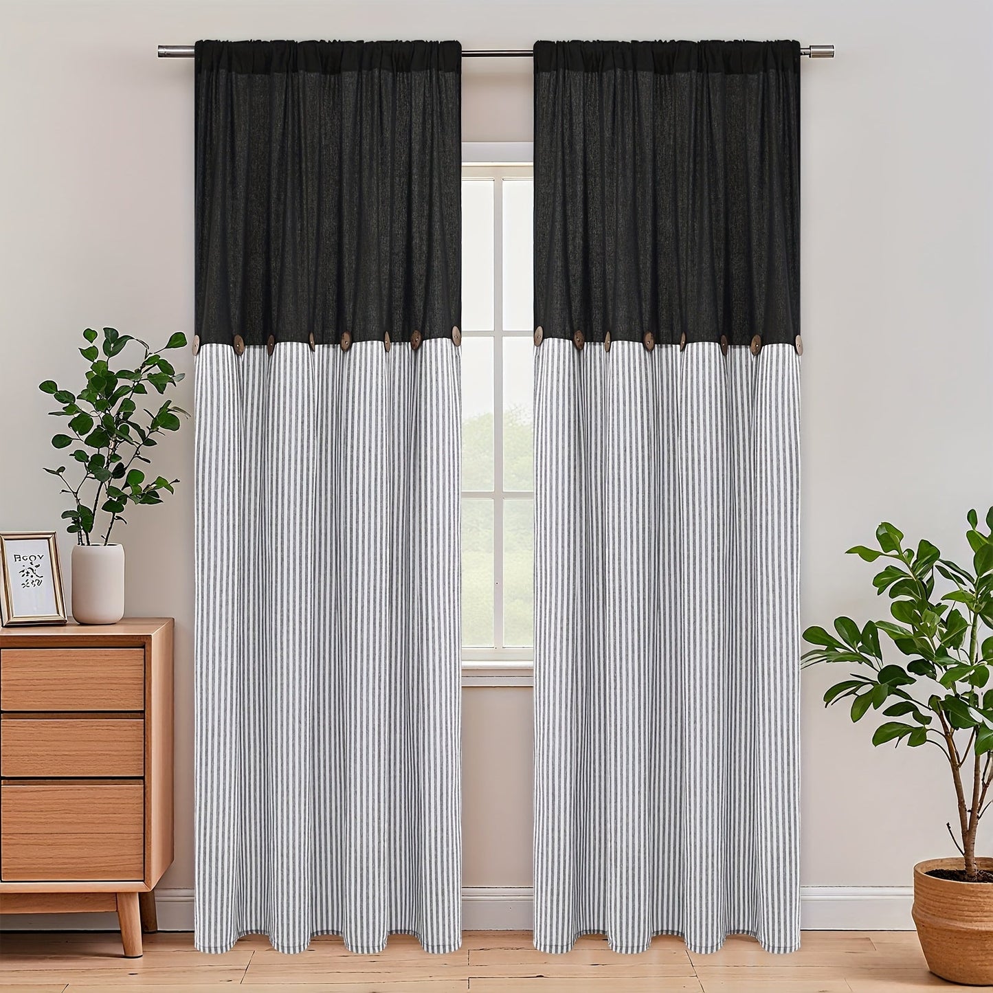Semi Sheer Curtains Bohemian Linen Cotton Patchwork Grommet Top Window Drapes for Bedroom Living Room Kitchen Bathroom Cafe - Boho Country Cottage Style 4 Seasons 1 or 2 Panels