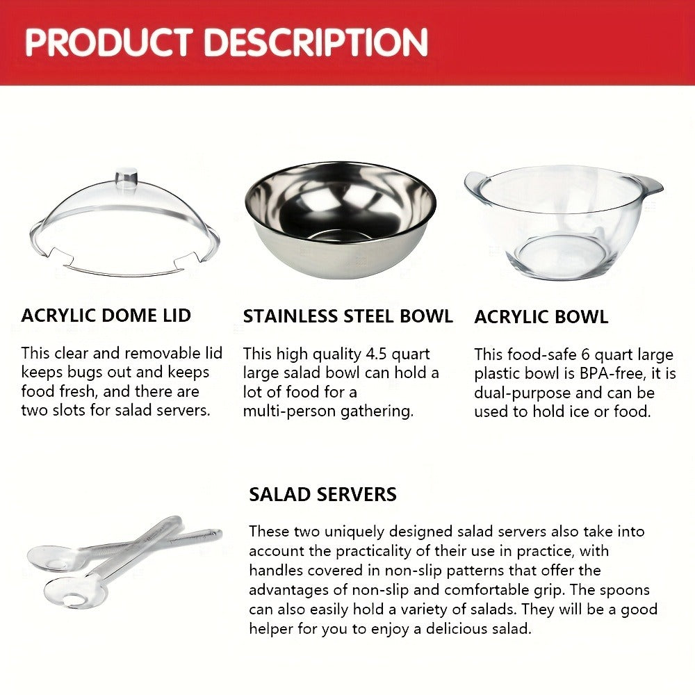 Stainless-Style Salad Bowl Set with Lid, Serving Spoons and Ice-Chiller Base for Buffet or Picnic Display