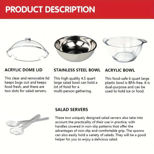 Stainless Steel Ice Chiller Salad Bowl with Lid and Serving Spoons – Large Refrigerated Veggie Fruit Tray with Ice Chiller Base for Party Entertaining Buffet Outdoor Picnic Food Display