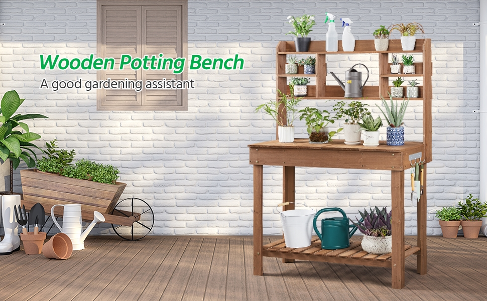 Potting Bench Table Fir Wood Iron Frame Switchable Top Integrated Sink 3-Tier Display Rack Storage Shelf Hanger Waist-High Garden Workstation Outdoor Brown