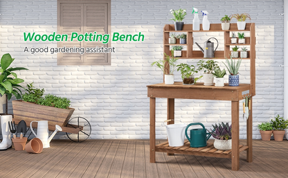Potting Bench Table Fir Wood Iron Frame Switchable Top Integrated Sink 3-Tier Display Rack Storage Shelf Hanger Waist-High Garden Workstation Outdoor Brown