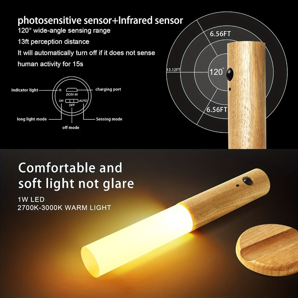 Night Light Motion Sensor Wall Lamp 2-Pack with USB Rechargeable Power, Magnetic Mount and Two Wood-Tone Finishes