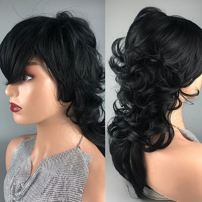 Pixie Cut Mullet Wig with Bangs Curly Wave Synthetic Hair 150% Density Rose Net Cap – Heat Resistant Short Layered Wig for Women Daily Wear Cosplay Fashion Black Burgundy 14 Inch