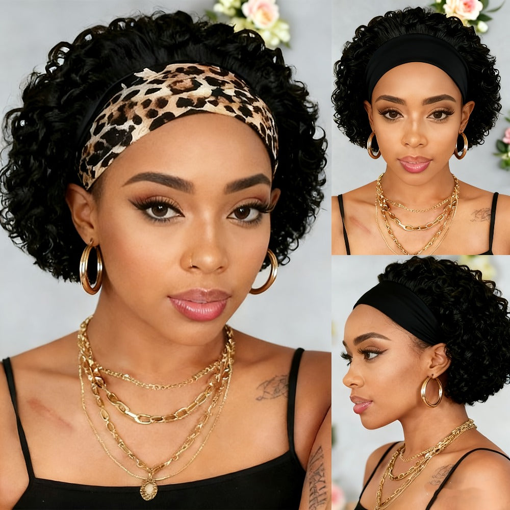 Six-Inch Kinky Curly Headband Wig with Glueless Band in Black, Burgundy or Rust Color Options