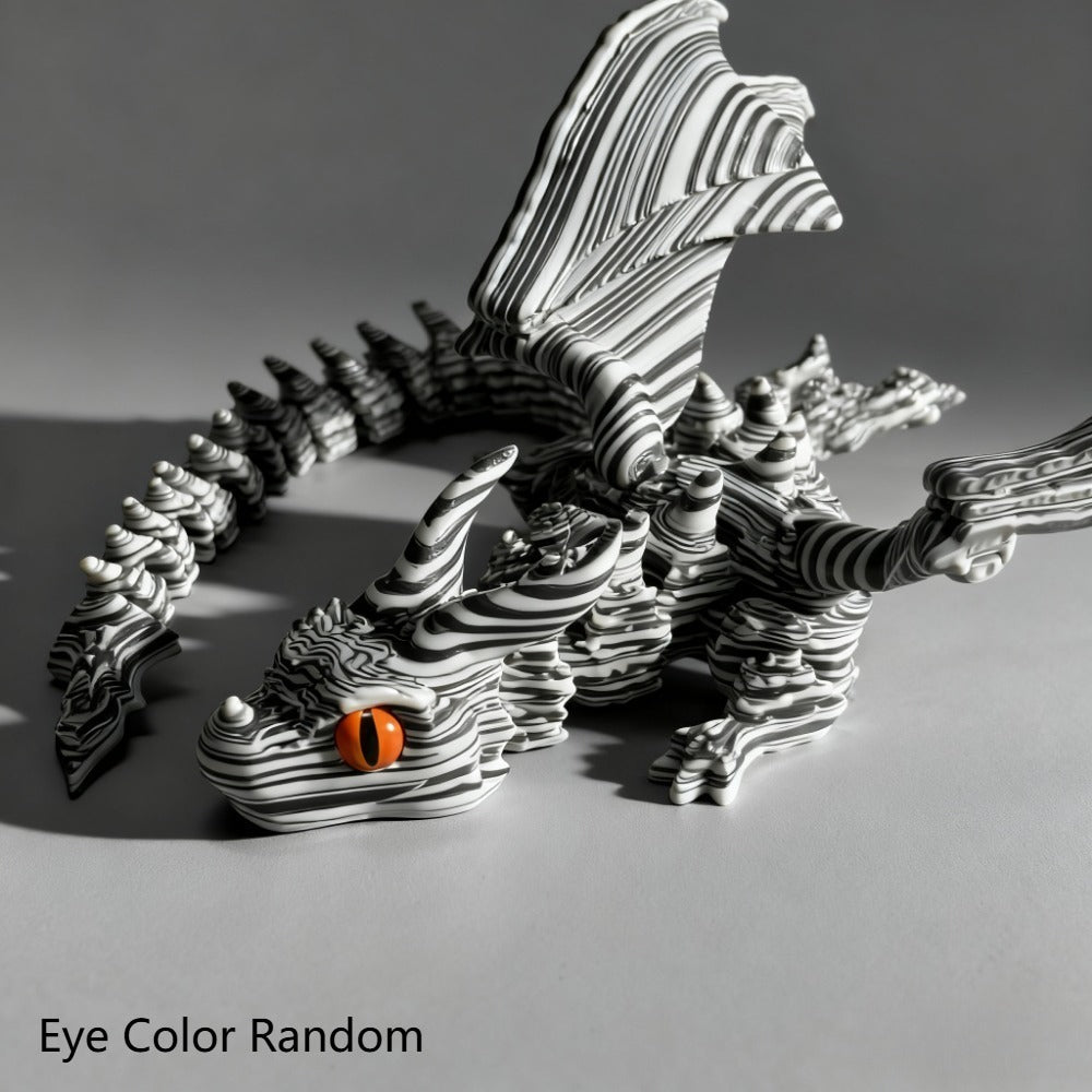 Articulated Black-and-White Swirl Dragon Figurine with Poseable Segments and Random Eye Color for Desktop Display