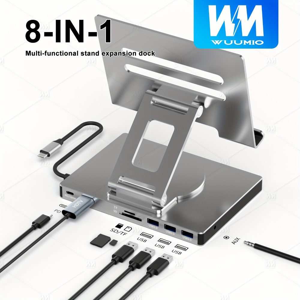 iPad Phone Rotating Stand Docking Station, 4K 60Hz HDMI, Gigabit Ethernet, 100W PD, USB 3.0 Hub, SD/TF Card Reader