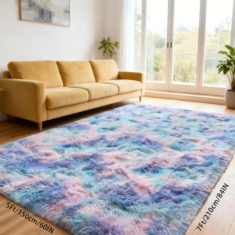 Area Rug Rainbow Purple Tie-Dye Shag in Three Machine-Washable Sizes for Bedroom or Living Room