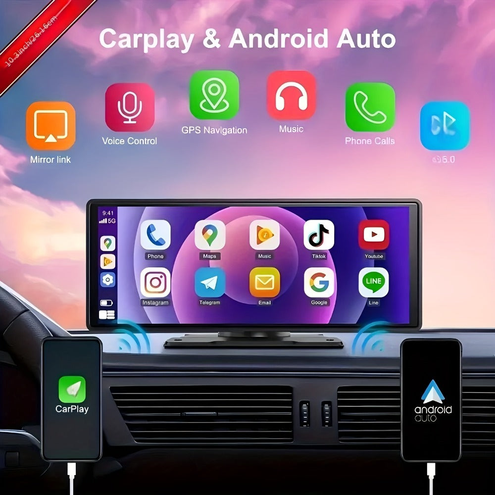 10.26 Inch Car Screen with Wireless CarPlay & Android Auto - Ultra HD Bluetooth Car Monitor, Dual Camera, Reversing Assist, Navigation, Music & Video, Universal for Sedan SUV RV