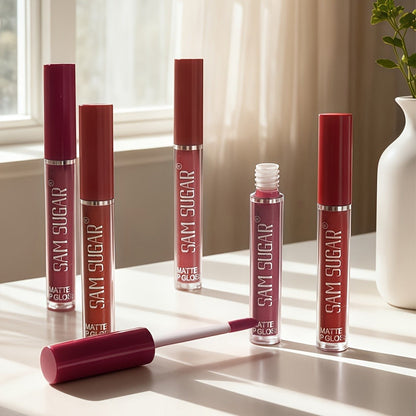 Lip Gloss Set by SAM SUGAR with 12 Matte Liquid Lip Colors, Numbered Shades and Presentation Box