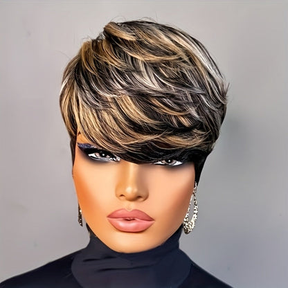 Short Pixie Cut Wig with Bangs Black Blonde Layered 4 Inch Rose Net Cap | Brown Blonde Mix Synthetic Wig for Black Women Daily Wear Office Party