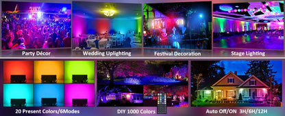 RGB LED Flood Light 25W Outdoor Color Changing - 1000 DIY Colors, 44-Key Remote, Strobe & Fade Modes, Memory Function, Multi-Pack for Party, Stage, Garden, Halloween & Christmas Uplighting