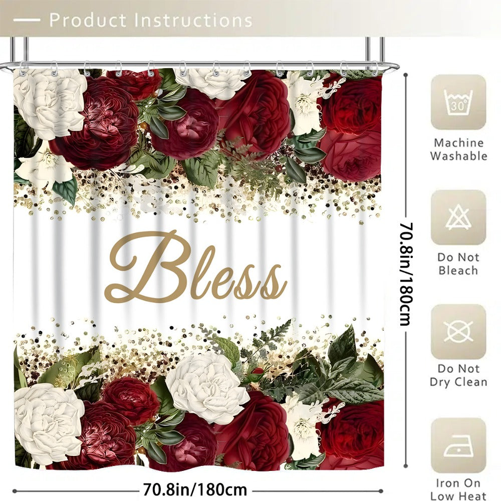 Four-Piece Rose and Bless Shower Curtain Set with Coordinated Mats, Lid Cover and Twelve White Hooks