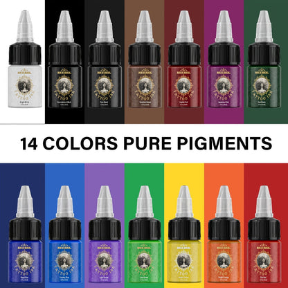 Tattoo Ink 14- or 21-Color Set with 0.5oz 15ml Bottles and Two Source Palette Choices for Color Selection