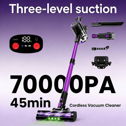Vertical Vacuum Cleaner 55-70Kpa 3-Speed Adjustment with LED Floor Brush & Detachable Battery - 45 Min Runtime, Lightweight Handheld for Pet Hair, Carpet & Hard Floors, 7 Colors Available