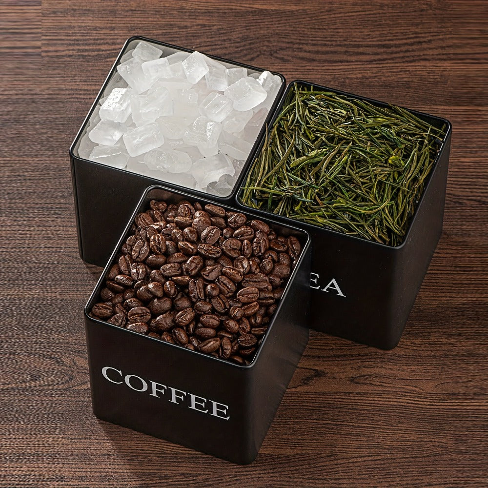 Three-Piece Black or White Ceramic-Style Kitchen Canister Set for Coffee, Tea, Sugar or Spices