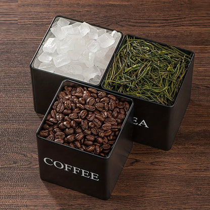 Three-Piece Black or White Ceramic-Style Kitchen Canister Set for Coffee, Tea, Sugar or Spices