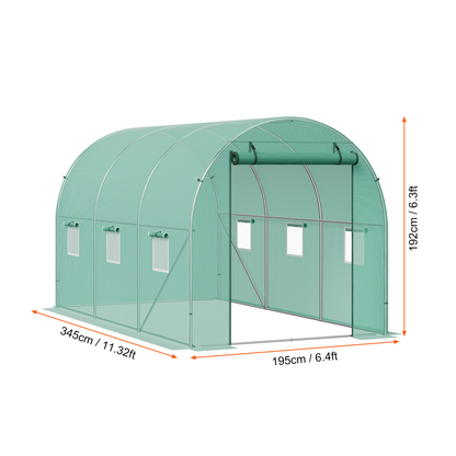 10- to 20-Foot Tunnel Greenhouse with Green Cover, Roll-Up Door and Size-Specific Vent Windows