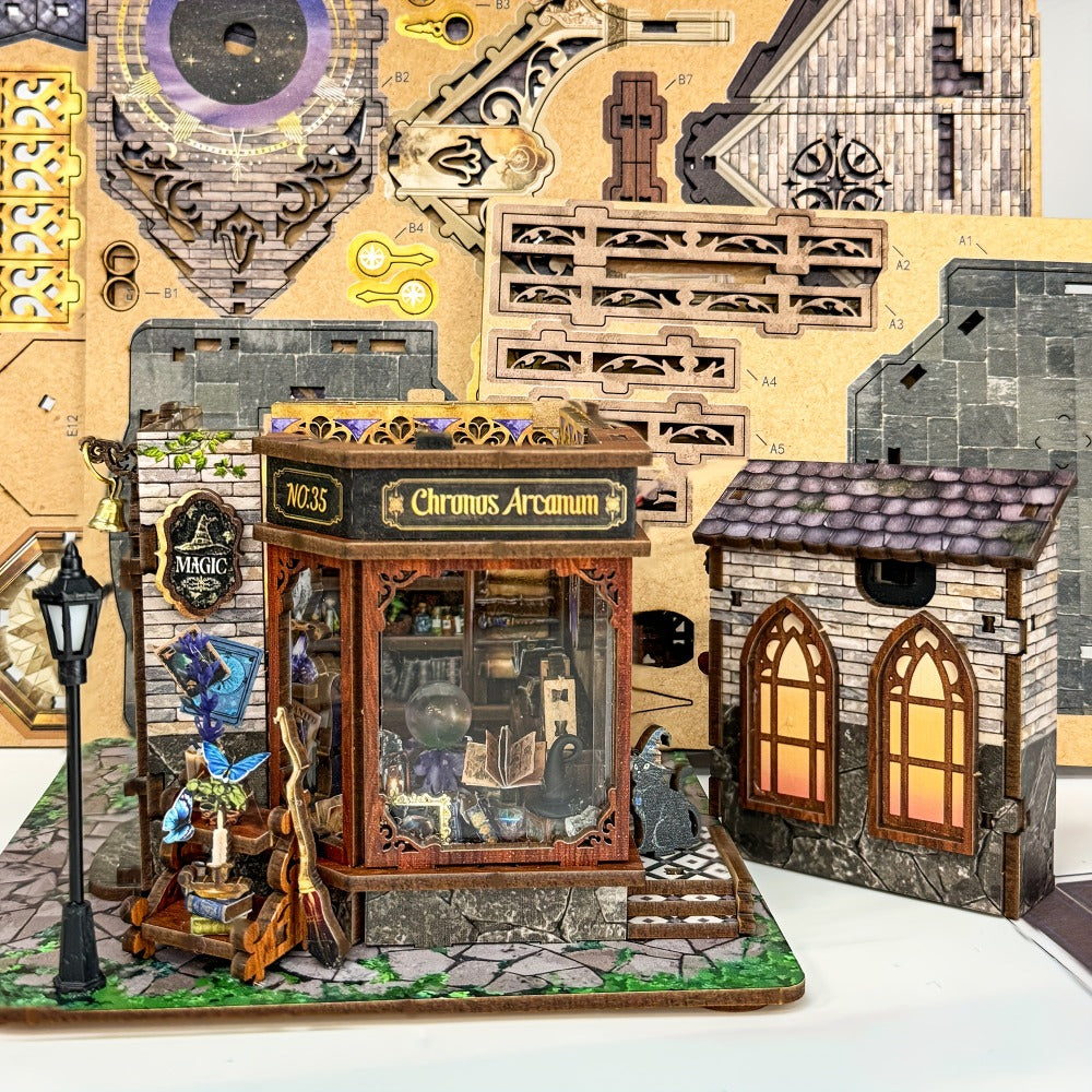 Time Magic Club SQ-71 Wooden Miniature Bookhouse Model Kit with Mechanical Link System for Ages 14+
