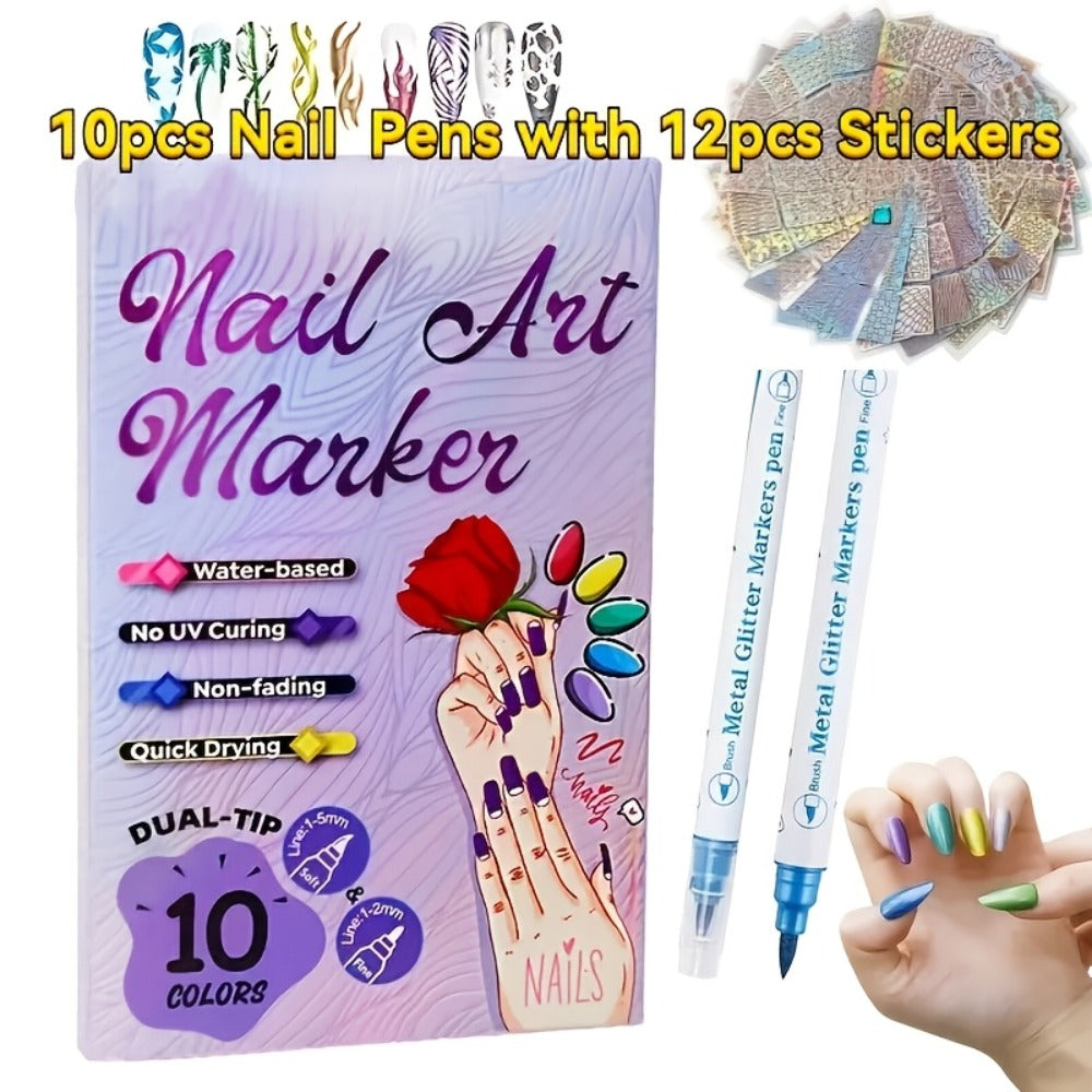 3D Nail Art Pens 10 Colors Double Ended Metallic Acrylic Paint Set – Quick Dry Fine Liner & Dotting Tip Graffiti Drawing Nail Marker for Salon & DIY Home Nail Design, Raised Effect