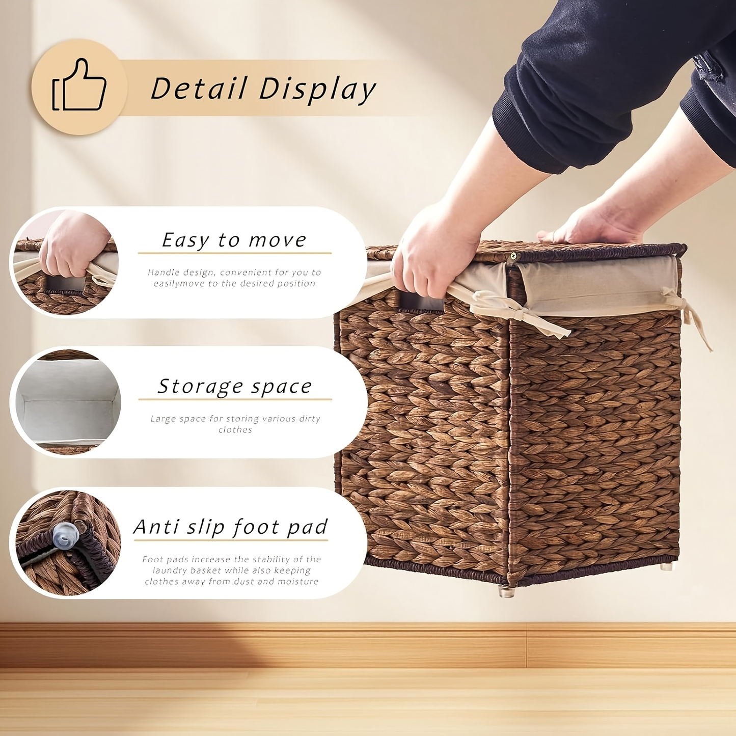 Laundry Basket with Lid & Handles - Handwoven Water Hyacinth Wicker Hamper, Removable Cotton Liner, 2 Mesh Bags, Boho Style, 9.25/17.17/25.1 Gal with Optional Casters