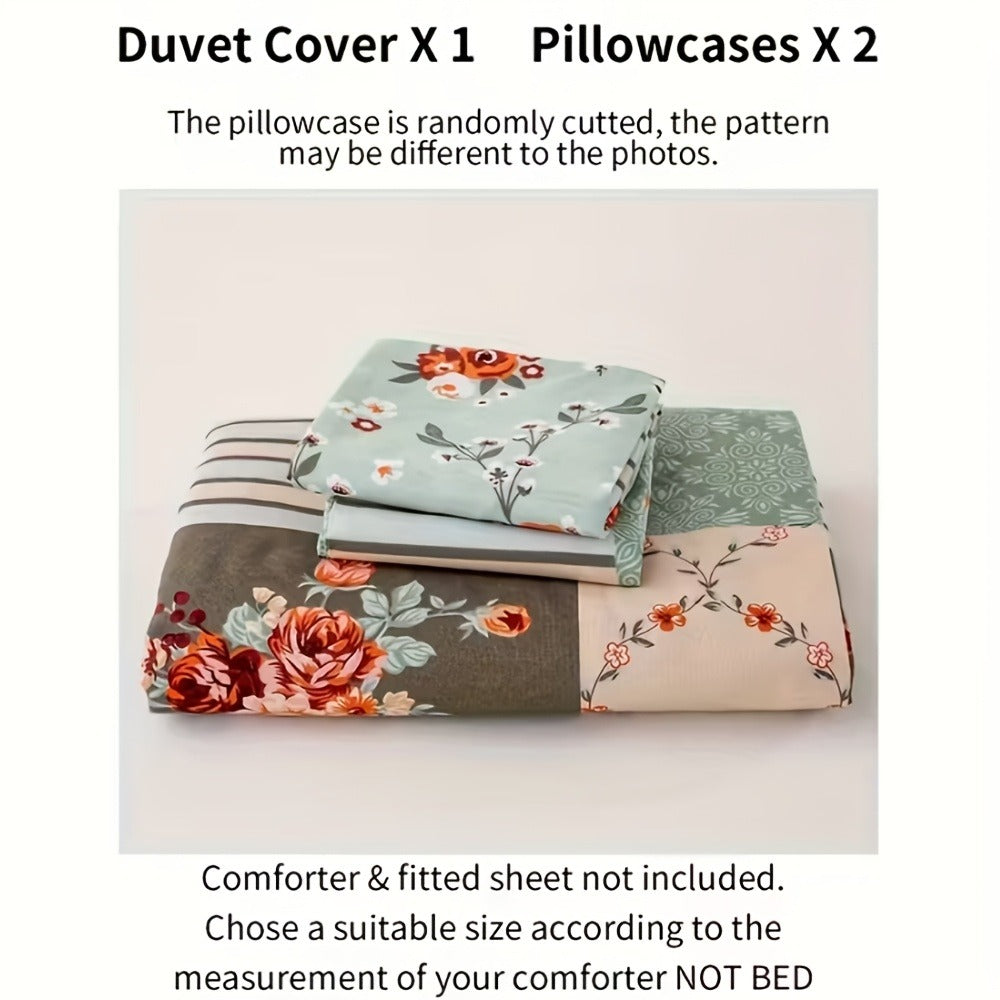 3-Piece Duvet Cover Set with Floral Patchwork Print in Blue, Green or Pink and Four Size Options