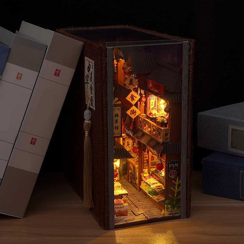 Chinese Food Street Book Nook Kit with LED-Lit Miniature Shops, Sliding Dust Cover and Wooden Shelf Insert