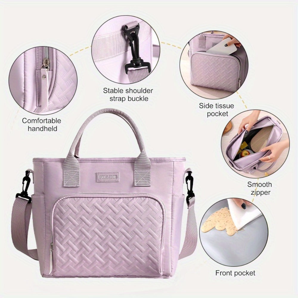 11L Quilted Lunch Bag Tote with Front Zipper Pocket, Side Tissue Pocket, Strap and Four Colors