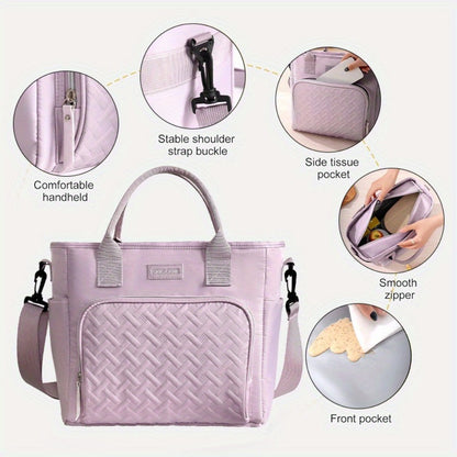 11L Quilted Lunch Bag Tote with Front Zipper Pocket, Side Tissue Pocket, Strap and Four Colors