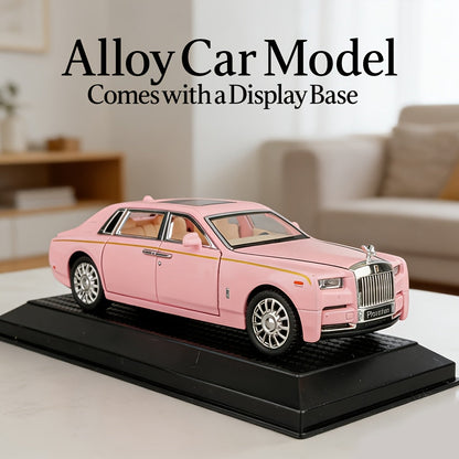 Collectible Zinc Alloy Diecast Car Model with Display Base and Opening Doors in White, Black or Pink