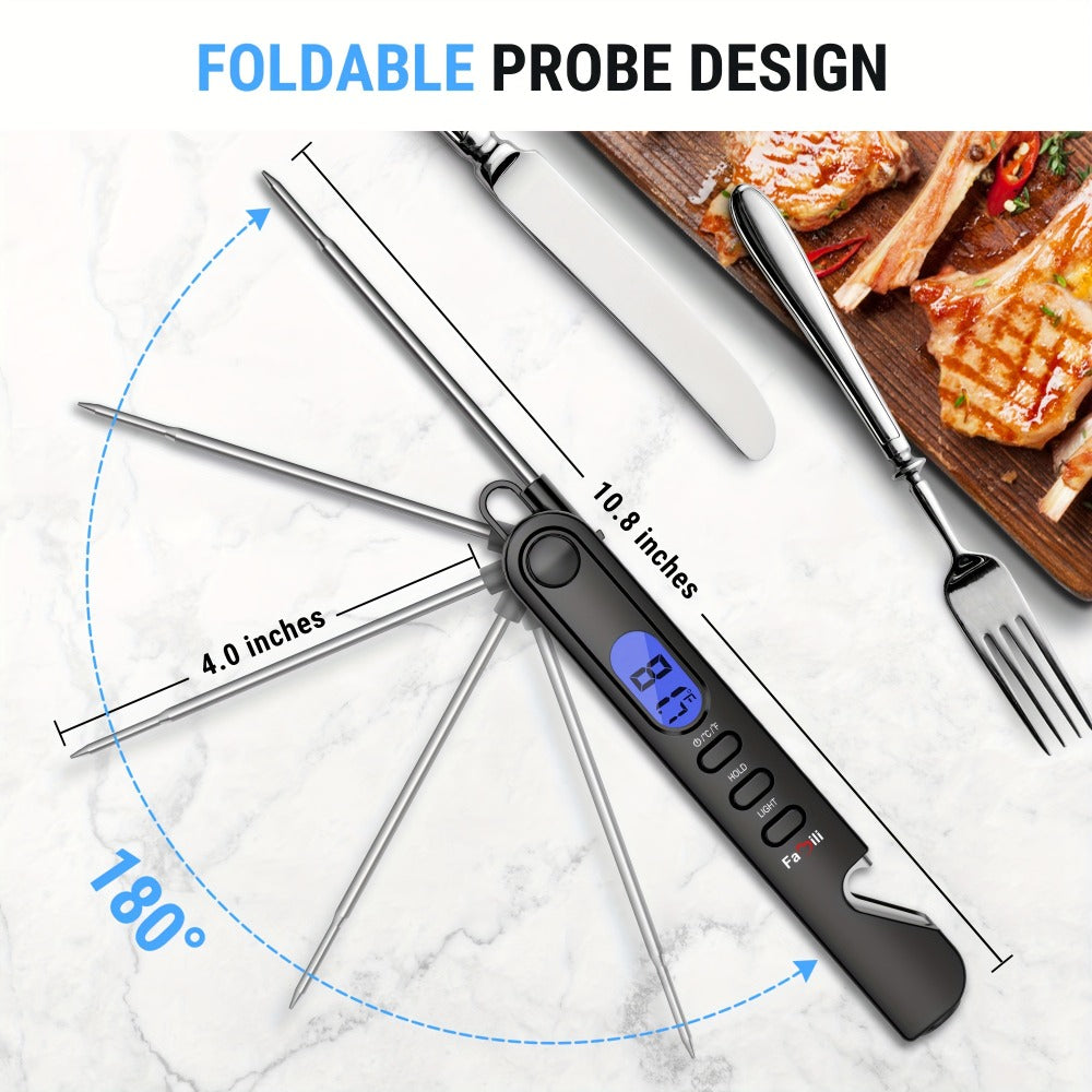 Black Folding Digital Food Thermometer with Backlit Display, Magnetic Back, Hanging Loop and One- or Two-Piece Options