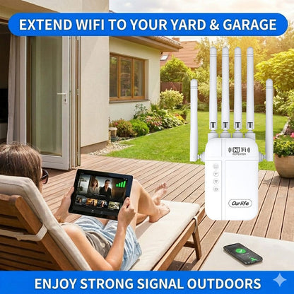 WiFi Range Extender Ourlife 1800Mbps WiFi 6 Dual-Band with Six Antennas, WPS Control and Ethernet Port