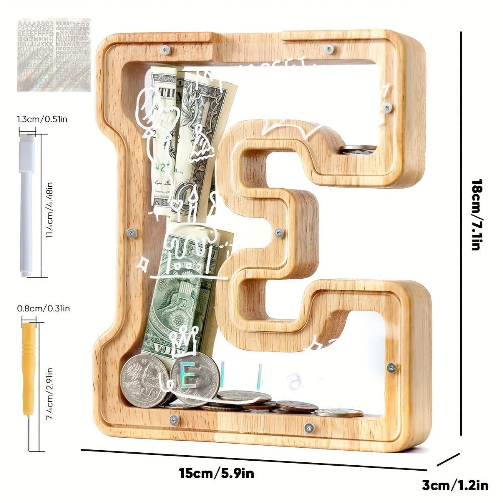 Alphabet Wooden Money Bank with Clear Front Panel, Coin Slot and A-to-Z Letter Options for Adults