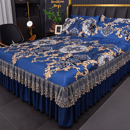 Ruffled Floral Bedspread Mat Set with Two Pillowcases, Twin to King Sizes and Four Pattern Choices