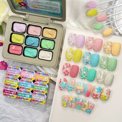Plaster Texture Nail Art Gel Nine-Color Pastel Palette in a Compact Metal Case for Raised Sculpted Designs