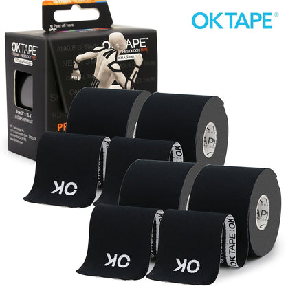 Kinesiology Tape 4 Rolls Precut 20 Strips, Cotton Elastic Athletic Tape Latex Free 2in x 16ft for Knee Shoulder Muscle Support Sports Recovery, Beige Black Pink Navy Blue Green Red