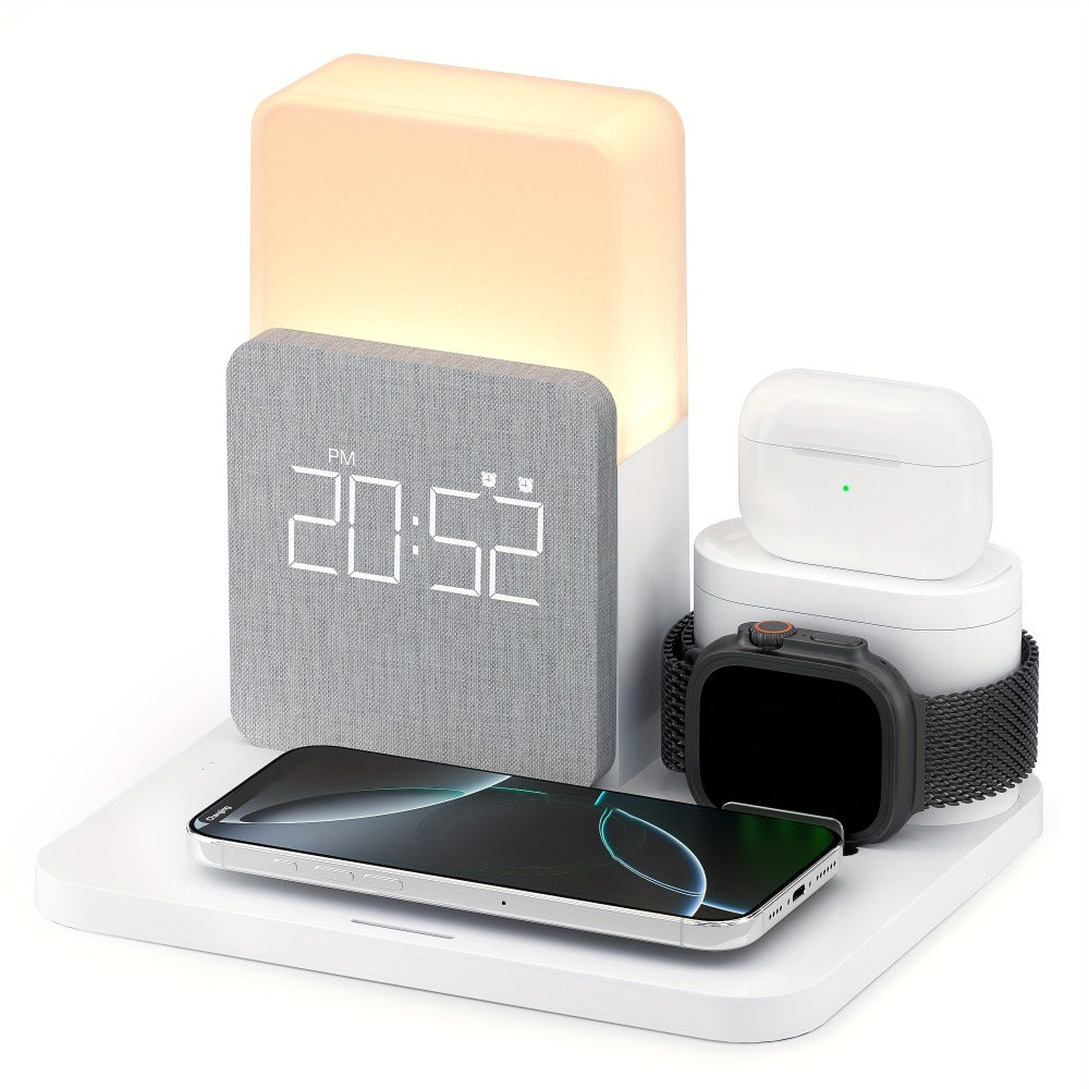 Wireless Charging Station, 3-in-1 Bedside Dock with Alarm Clock for iPhone and Samsung Galaxy Phones