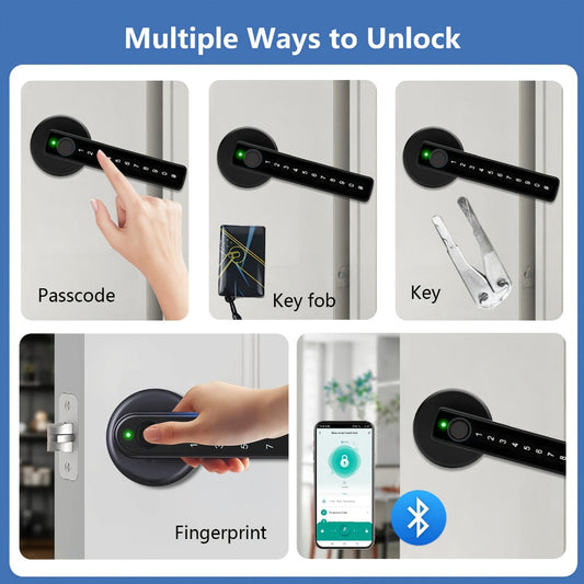 Smart Door Lock Handle with Fingerprint, PIN, IC Card and Key, 4 AAA Power and USB-C Emergency Port