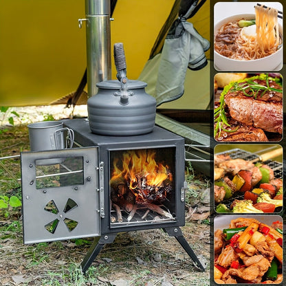 Wood Burning Camp Stove with Chimney Pipe Portable Outdoor Camping Stove for Cooking, BBQ, Boiling Water & Heating, Stainless Steel Hot Tent Stove with Folding Rack, Ash Hook & Accessories Included