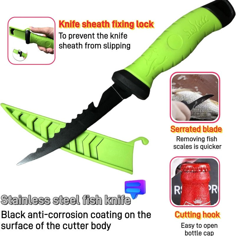 Three-Piece Stainless Steel Fishing Knife Set with 4.5 to 6.5 Inch Green-Handled Fillet Blades