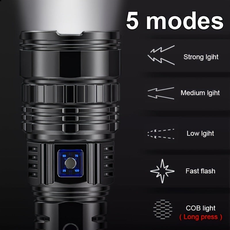 Flashlight Fresnel Lens Rechargeable Torch with 26650 Battery, USB-C Charging and Warning Tail Light