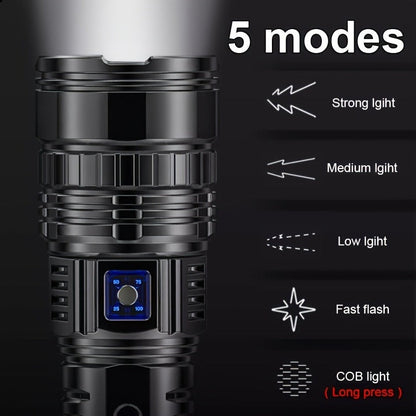 Flashlight Fresnel Lens Rechargeable Torch with 26650 Battery, USB-C Charging and Warning Tail Light