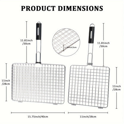 Grill Basket Stainless Steel Folding BBQ Grilling Basket for Fish Chicken Vegetables Shrimp Portable Outdoor Camping Barbecue Accessory 3 Sizes