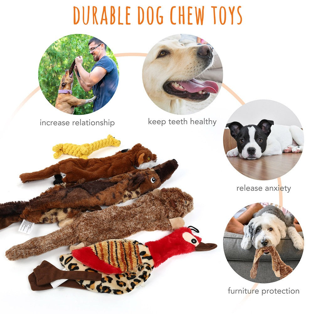 Dog Toys Five-Piece Stuffing-Free Plush Animal Set with Two Squeakers per Toy and Bonus Cotton Rope