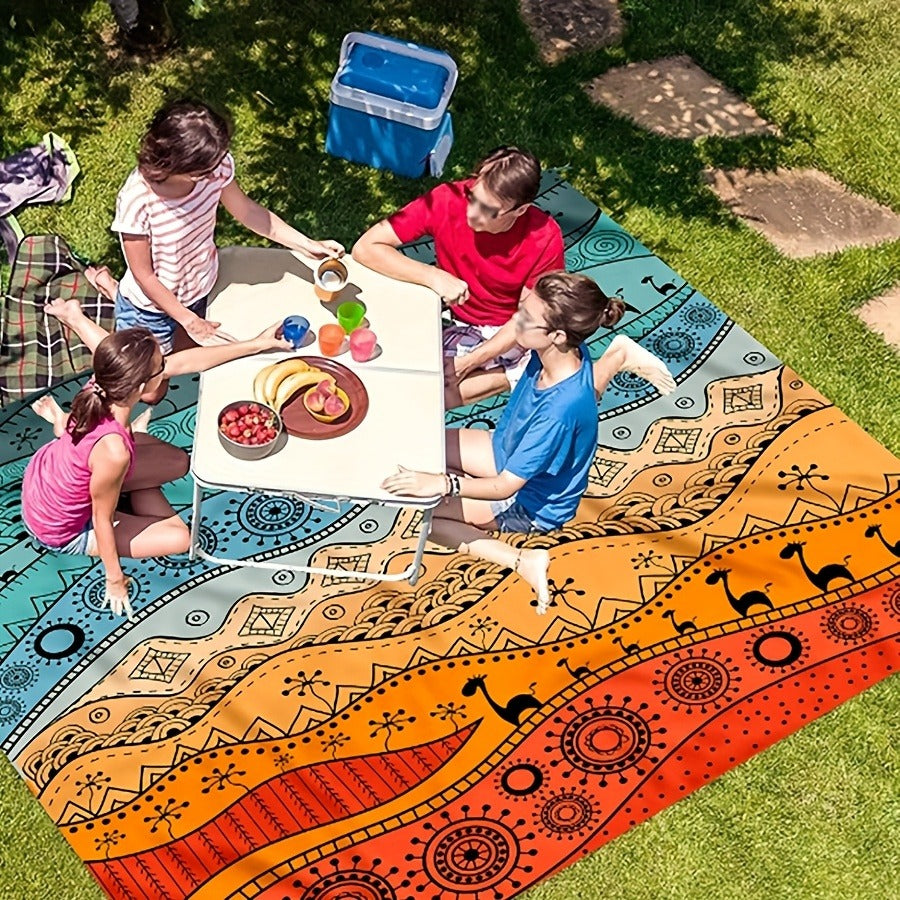 205 x 198cm Picnic Blanket with Orange, Aqua and Black Bohemian Animal Print and Matching Zip Carry Bag
